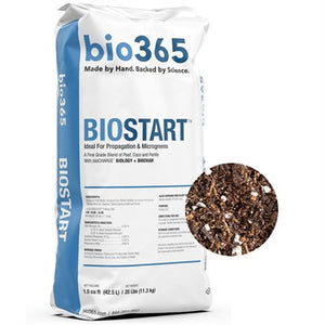 A bag of bio365 bioStart organic soil with a circular inset showing the dark, textured, peat-based growing medium.