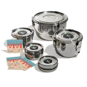 CVault containers in several sizes shown with Vivi Fresh humidity packs