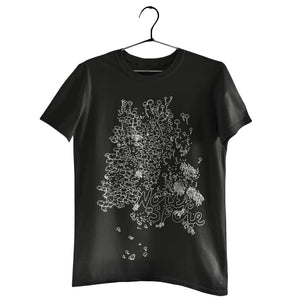 Black short-sleeve t-shirt with a white line drawing of mushrooms and text on the front, hanging on a hanger.