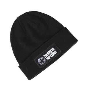 Black cuffed knit beanie with a rectangular patch featuring white "NORTH SPORE" text and a spore print.