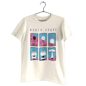 Off-white t-shirt hanging on a hanger, featuring a six-panel mushroom growth graphic and "North Spore" text.
