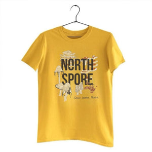 Yellow t-shirt on a hanger featuring the text "NORTH SPORE" and botanical mushroom illustrations.