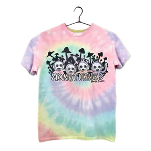 Pastel tie-dye t-shirt with black graphic of four alien figures, mushrooms, and "Monotubbies" text.