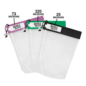 Three Bubble Magic all mesh extraction bags in 5 gallon with 25, 73, and 220 micron color coded tags.