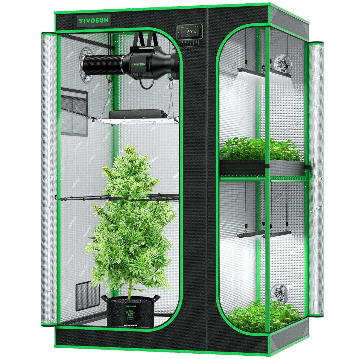 Vivosun black and green two-room grow tent with plants, LED lights, ventilation, and reflective interior.