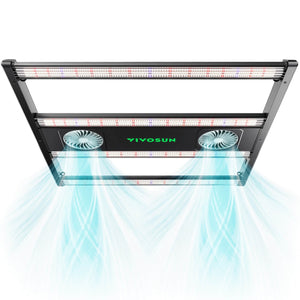 Black VIVOSUN LED grow light with two built-in cooling fans blowing visible blue air streams.