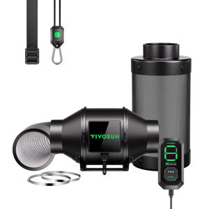 Black inline fan, silver carbon filter, ducting, controller, hanging straps, and clamps.