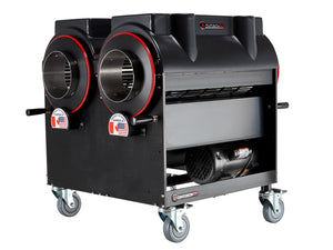 CenturionPro Gladiator: a black, dual-chamber industrial bud trimmer on wheels for wet and dry harvesting.