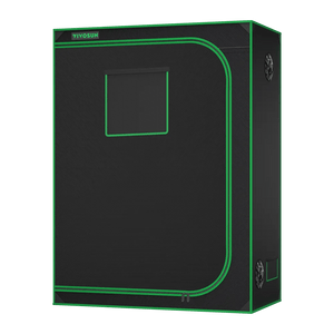 Black VIVOSUN grow tent with green trim, a front viewing window, and a large zippered door against a black background.