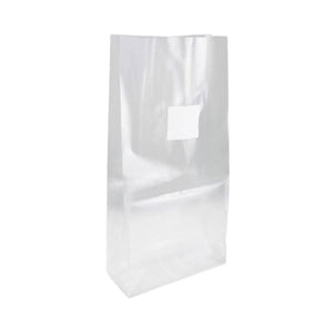 Clear plastic grow bag with a white filter patch on a white background.