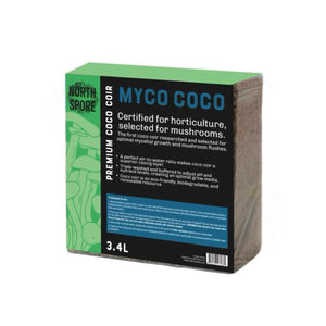 Compressed brown coconut coir brick in green and black packaging labeled Myco Coco by North Spore.