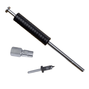 Silver metal and black ribbed tool components, including a punch shaft, a socket, and a drill bit on a black background.