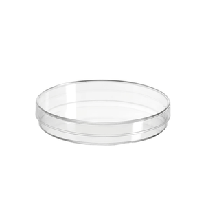 Clear plastic petri dish with a shallow, round design on a white background.