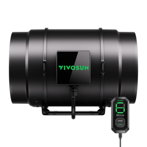 Black cylindrical inline duct fan with a central controller showing green Vivosun text and a handheld controller.