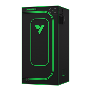 Black grow tent with green piping, a large zippered front door with a window, and the Vivosun logo.