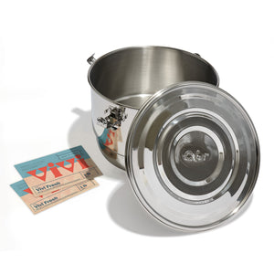 CVault 8 Liter container open with two 1 lb Vivi Fresh 62% humidity packs