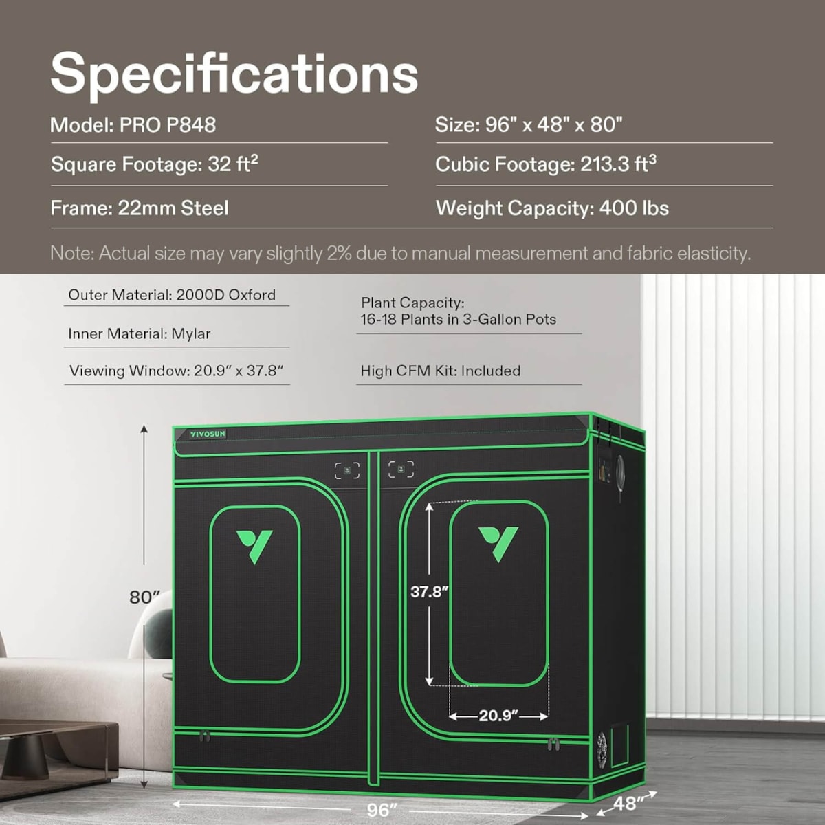 Black grow tent with green trim, doors, windows, and product dimensions overlaid on a specifications background.
