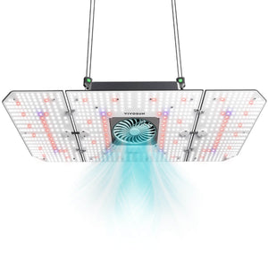 Hanging LED grow light with three rectangular panels, a central blue cooling fan, and adjustable suspension wires.