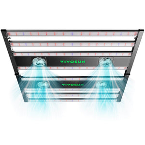 Black VIVOSUN LED grow light with multiple light bars and four integrated cooling fans blowing blue light.