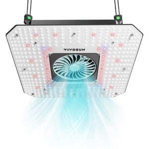 Square LED grow light with a central cooling fan and hanging cables against a white background.