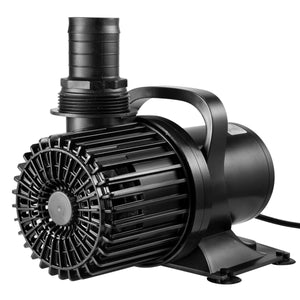 Black submersible water pump with a ribbed intake cage, top discharge nozzle, carrying handle, and suction cup base.