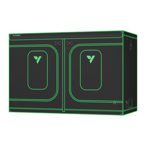 Black VIVOSUN grow tent with green trim, double doors, observation windows, and brand logos on a black background.
