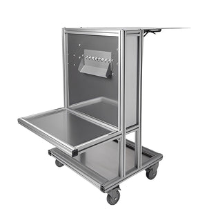 EZTRIM silver metal bud bucker machine on wheels with a flat work surface and de-budding slots for plant processing.