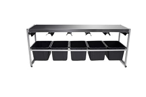 EZTRIM Bud Sorter machine with a stainless steel work surface over five black plastic bins on a metal frame.