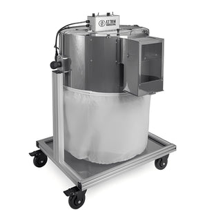 EZTRIM Satellite stainless steel commercial bud trimming machine on a rolling stand with a white collection bag.