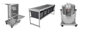 EZTRIM Trifecta commercial bud trimming system with stainless steel tables, sorting bins, and a rolling trimmer unit.