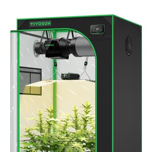 Black and green Vivosun grow tent containing a glowing LED light, ventilation system, and green plants.