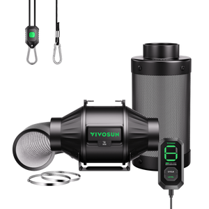Black Vivosun inline ventilation kit with fan, carbon filter, ducting, hanging ropes, and digital controller.
