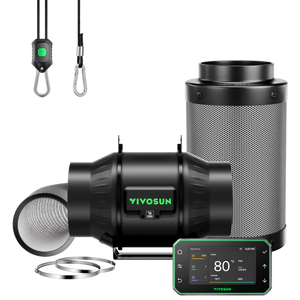 Vivosun black inline duct fan, carbon filter, ducting, controller, rope hangers, and metal clamps on black.