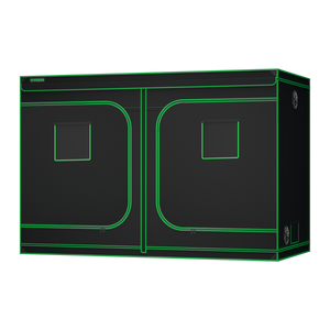 Black rectangular grow tent outlined with bright green trim, featuring two front doors with zippered windows.