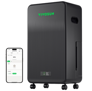 Black VIVOSUN dehumidifier with ribbed front panel and caster wheels, shown alongside a smartphone displaying an app.