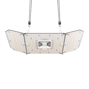 Hanging LED grow light with a rectangular center panel, two angled side panels, and a central white fan.