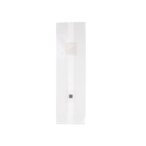 Clear plastic mushroom cultivation bag with a filter patch and self-healing injection port against a white background.