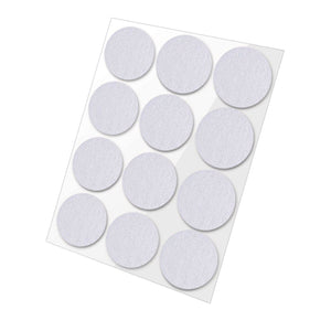 Sheet of twelve round white felt furniture pads on a clear backing.