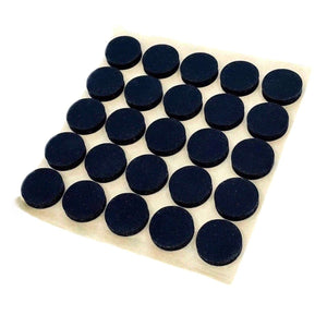 A sheet of black round felt furniture pads on a white background.