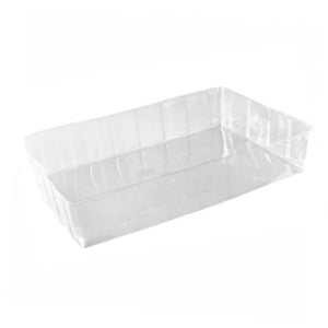 Clear plastic rectangular tray with vertical ribbed walls on a white background.