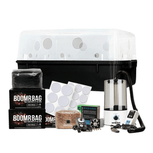 Mushroom growing kit with black and white monotub, substrate bags, humidifier, fan, filters, and accessories on black.