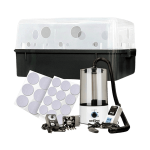 Mushroom cultivation kit with black and clear plastic tub, humidifier, fan, controller, and filter patches.