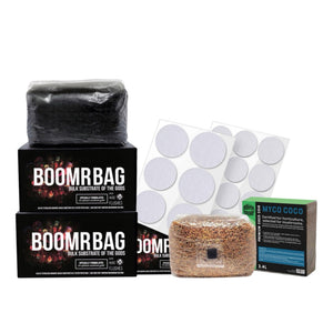 Mushroom cultivation kit with Boomr bags, Myco Coco block, grain bag, and filter patch stickers on white.