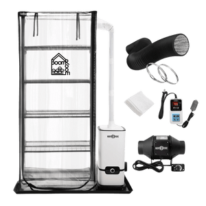 BoomRoom mushroom grow tent kit with clear shelving tent, humidifier, inline fan, ducting, and digital controller.
