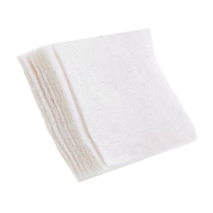 A stack of white, square cotton facial pads on a white background.
