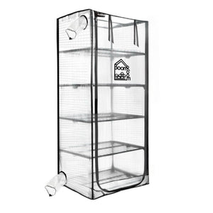 Tall, transparent mini greenhouse with black framing and five internal wire shelves, featuring a BoomRoom logo.