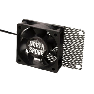 Black square exhaust fan with a wire, a mesh filter attached to the side, and North Spore logo in center.