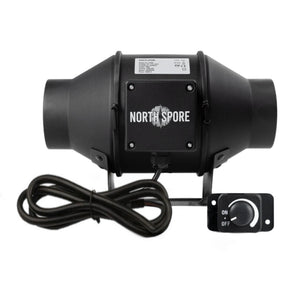 Black inline duct fan with "North Spore" branding, a coiled power cord, and a separate speed control dial.