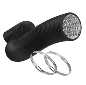 Flexible black ventilation duct with a reflective silver interior, accompanied by two metal hose clamps.
