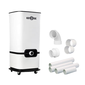 White North Spore humidifier on wheels with a control dial and several white PVC pipes and connectors on the right.